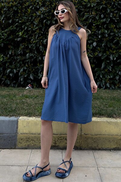 Juuuj Жіноча сукня Indigo з товстими бретелями, кишенями та плісированим коміром, А-силует, вільна міді-сукня