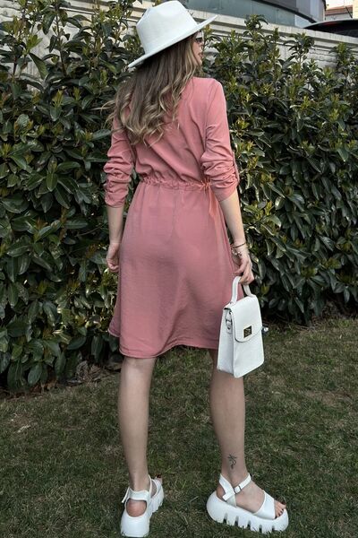 Juuuj Γυναικείο μακρυμάνικο πουκάμισο σε σκόνη, βαθύ γιακά πουκάμισο, δεμένη μέση με κουμπιά μπροστά, φαρδύ φόρεμα σε γραμμή Α