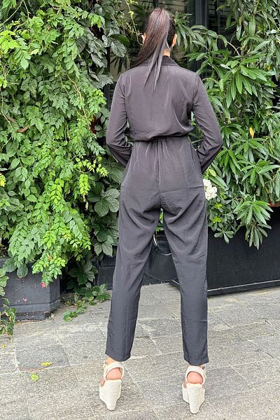 NEW LAVİVA Black Long Sleeve - Shirt Collar Airobin Safari Women's Overalls with Pockets and Belt