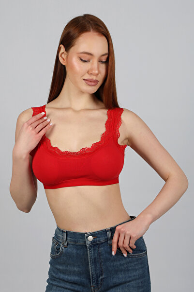 Şenay Women's Lace Bustier with Pads, Economical Pack of 2, Skin/Red