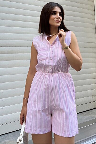 Juuuj Κοντή ριγέ φόρμα λιλά αμάνικη, γιακά με κουμπιά, ελαστική μέση, τσέπες, σορτς μοντέλο