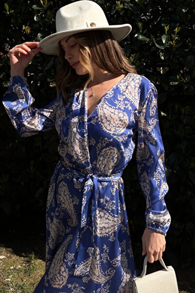 Juuuj Жіноча сукня з кружевим коміром, поясом на талії, еластичними манжетами, вільним кроєм, довга атласна сукня