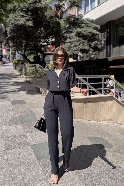 Juuuj Black Apaš Collar, Short Sleeve, Linen/Airobin Fabric, Relaxed Fit, Half Placket, Gathered Waist Jumpsuit