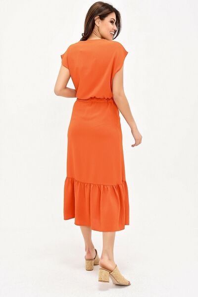 Juuuj Жіноча помаранчева сукня з круазером, з деталями з солом'яного плетіння, з короткими рукавами, прямого крою, максі-довжиною, довга, зручна та повсякденна сукня.