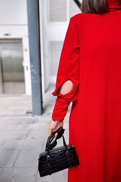 NEW LAVİVA Rochie roșie cu gât roșu pentru femei, manșetă cu mânecă lungă și detaliu fereastră, linie A, rochie largi, lungă