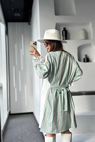 Juuuj Γυναικείο μανίκι μέντα & εκρού διπλωμένο, ζώνη μέσης, στρογγυλή λαιμόκοψη, φαρδύ φόρεμα