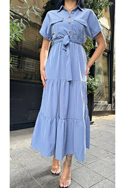 Juuuj Rochie albastră cu pliuri cu curea maxi jachetă lungă