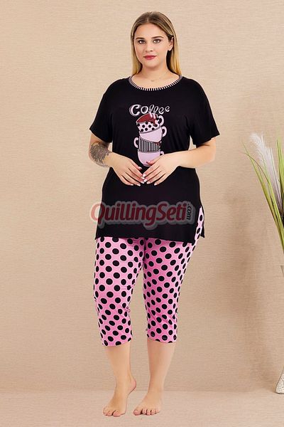 quilling Pink - Black Color and Polka Dot Lady 10723 Women's Plus Size Leggings and Capri Materni Pajamas Set