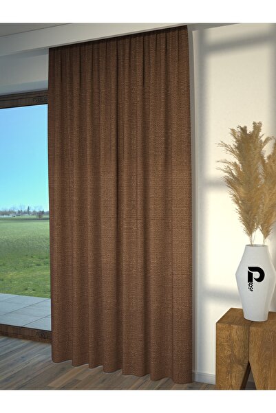 Perle Sütlü Kahverengi Keten Dokulu Fon Perde Ekstrafor Büzgülü