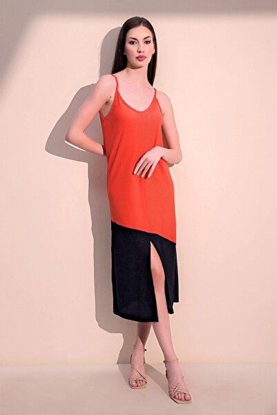 Juuuj Women's Coral & Black Comfortable Asymmetrical Block Slit Strap Long Dress