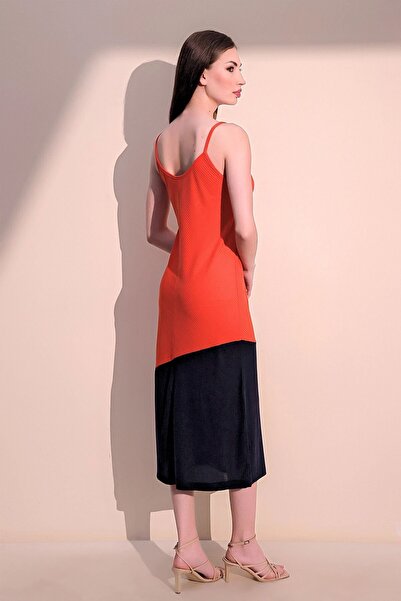 Juuuj Women's Coral & Black Comfortable Asymmetrical Block Slit Strap Long Dress