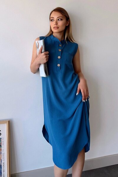 Juuuj Women's Indigo Sleeveless, Stand Collar, Solid Color Pattern, Single Po...