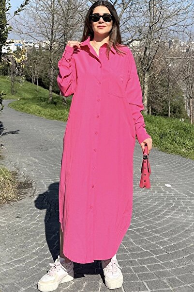 Juuuj Γυναικείο φούξια μακρυμάνικο φόρεμα, οβάλ κοψίματος, μακρύ και χαλαρό, πουκάμισο από ποπλίνα