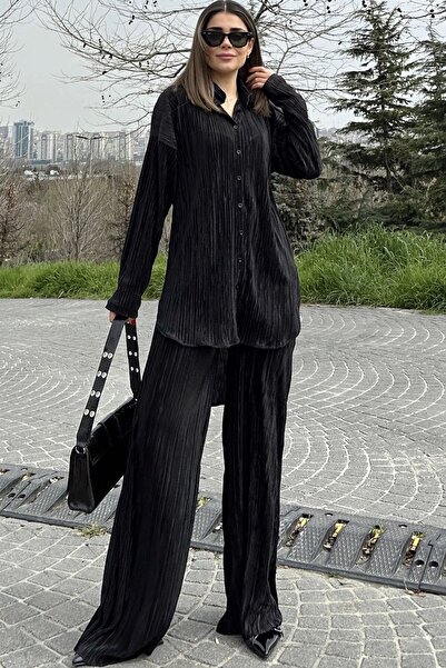 Juuuj Cămașă lungă neagră pentru femei și pantaloni largi cu talie elastică -...