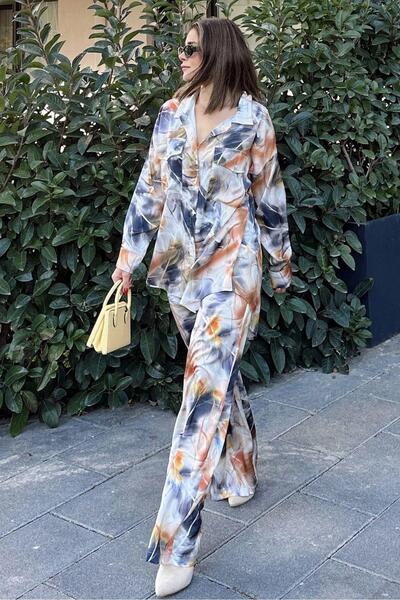 Juuuj Cămașă cu buzunare dublu și pantaloni largi pentru femei bleumarin și g...