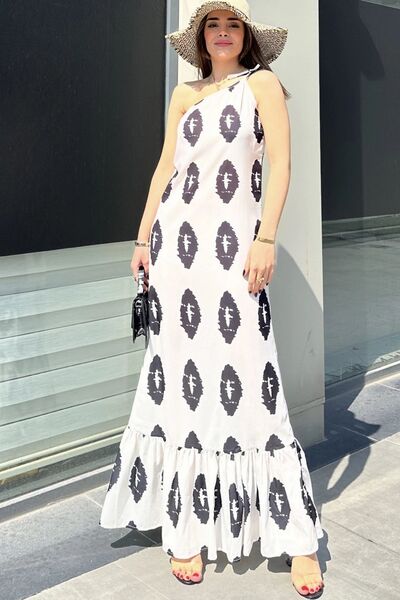 Juuuj Γυναικείο εκρού μονό λεπτό λουράκι ώμου, εφαρμοστό κόψιμο, φούστα με βολάν μακριά Mos κρεπ φόρεμα