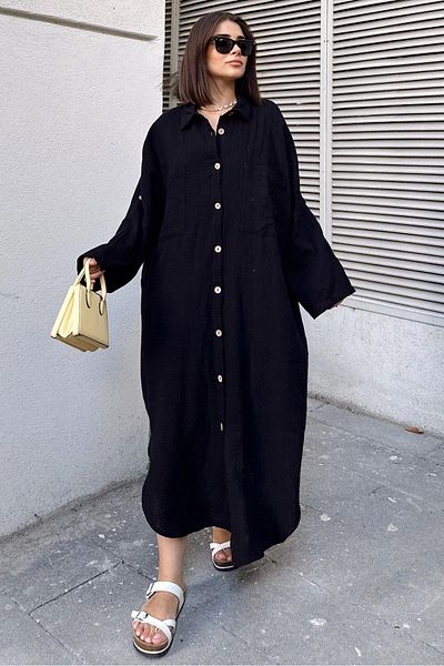 NEW LAVİVA Black Muslin Shirt Dress for Women - Bat Sleeve, Oval Skirt, Double Pocket, Long Oversize Loose Cut