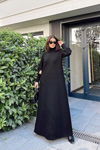 Juuuj Kadın Siyah Boğazlı, Uzun Kolları Manşet Ve Pencere Detaylı, A Kesim, Salaş, Uzun Elbise