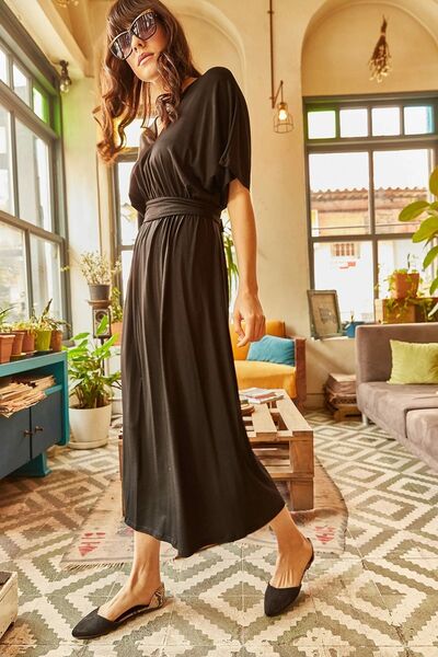 Juuuj Γυναικεία μαύρη υπερμεγέθη κομμένη κοντομάνικη ζώνη με λεπτομέρεια μάξι, μακρύ άνετο και casual φόρεμα