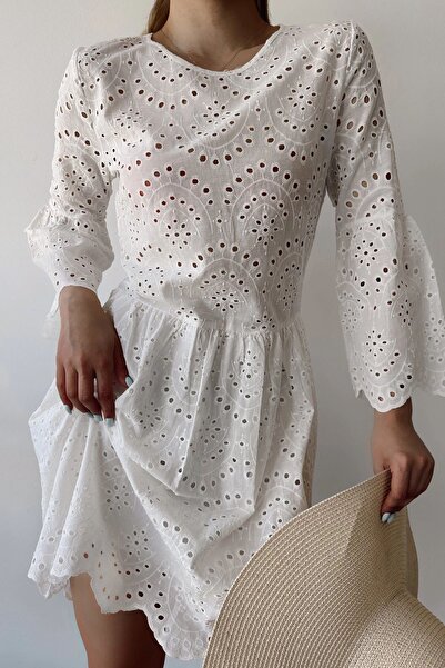 Genel Markalar Kadın Beyaz Truvakar Kol, Yuvarlak Yaka, Dantel/Güpür Desen, Dar Kalıp/Kesim, Midi Fisto Elbise