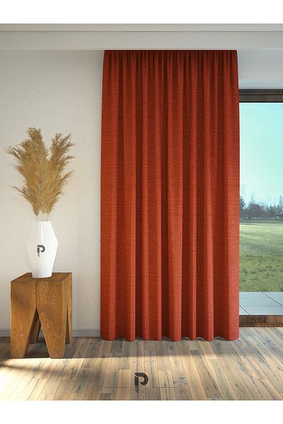 Perle Brick Color Extraphore Drawstring Linen Textured Background Curtain