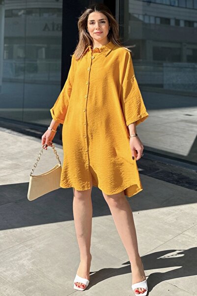 Juuuj Women's Mustard Fold Half Sleeve, Oval Cut Skirt, Midi Length, Loose Linen Shirt Dress