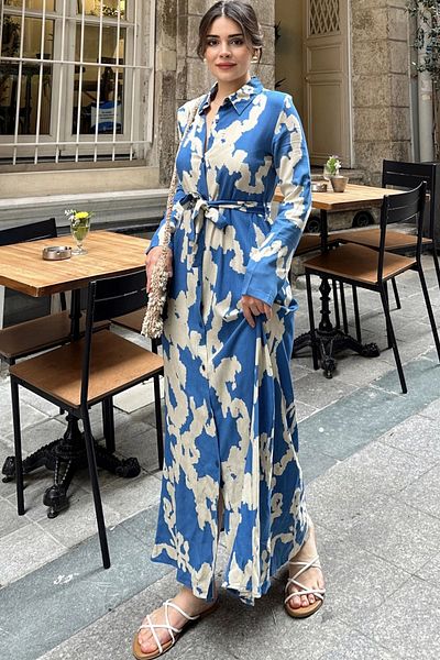 NEW LAVİVA Indigo Viscose Shirt Dress - Long Sleeve, Belted and Slit (Narrow Fit)