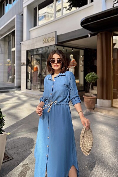 Juuuj Індіго, довгі рукави, льон/айробін, пояс на шнурку, довга сукня з плетеним поясом