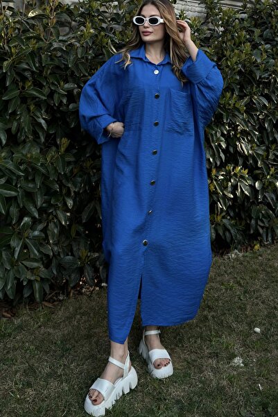 Juuuj Γυναικείο Saks Bat Sleeve, Πλισέ στην πλάτη, Διπλή Τσέπη, Μακρύ Oversiz...