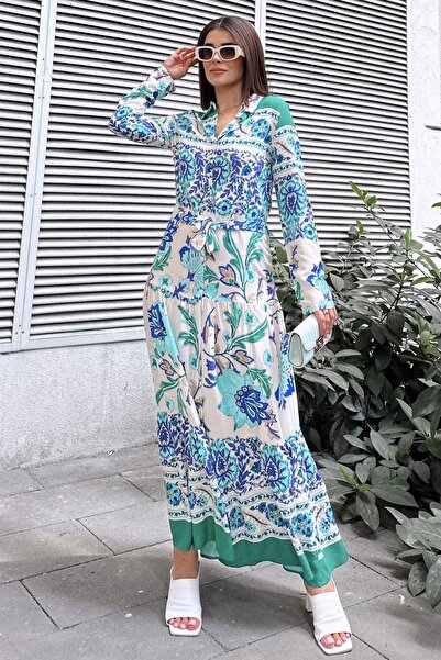 Genel Markalar Kadın Mint Yeşili Gömlek Yaka, Uzun Kol, Eteği Pliseli, Beli K...