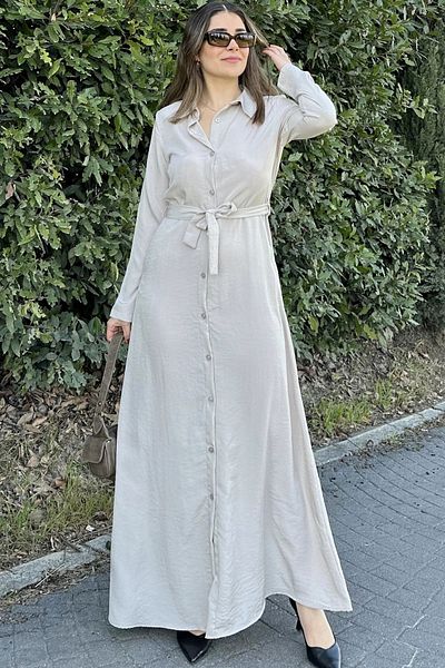 NEW LAVİVA Women's Beige Kupra Fabric, Long Sleeve, Waist Belted, Body Fitting, Long Shirt Dress