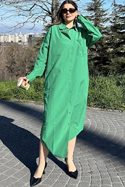 Juuuj Γυναικείο πράσινο μακρυμάνικο φόρεμα, οβάλ κοψίματος, μακρύ και χαλαρό, πουκάμισο από ποπλίνα