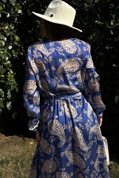 Juuuj Жіноча сукня з кружевим коміром, поясом на талії, еластичними манжетами, вільним кроєм, довга атласна сукня