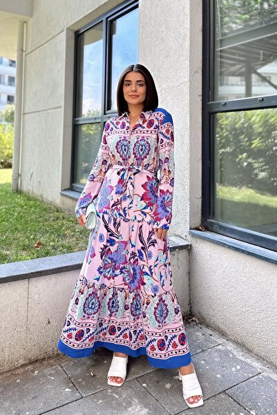 Juuuj Жіноча рожева та синя сорочка з коміром, довгими рукавами, плісированою спідницею, поясом на талії, вільним кроєм, довга сукня