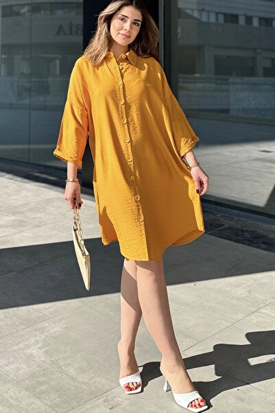 Juuuj Women's Mustard Fold Half Sleeve, Oval Cut Skirt, Midi Length, Loose Linen Shirt Dress