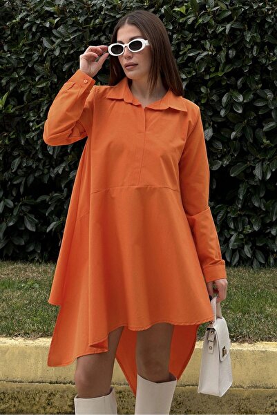 Juuuj Women's Orange Shirt Collar, Long Sleeve, Asymmetric Cut, Loose, Midi T...