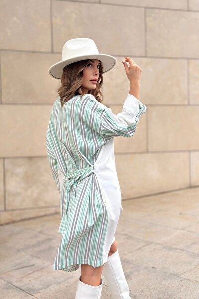 Juuuj Γυναικείο μανίκι μέντα & εκρού διπλωμένο, ζώνη μέσης, στρογγυλή λαιμόκοψη, φαρδύ φόρεμα