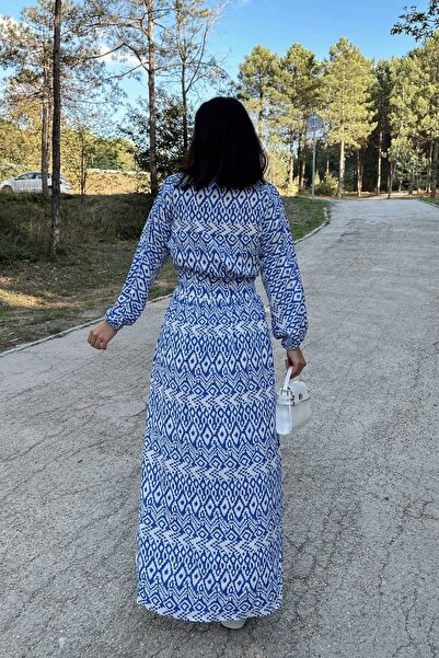 Juuuj Жіноча синьо-біла сукня з круазеним коміром, розрізом, поясом на талії, еластичними манжетами, вільного крою, довга сукня