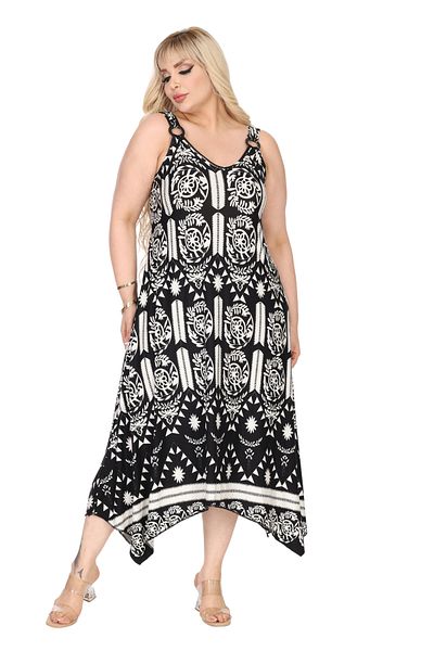 MELSAY Women's Strap V Neck White Retro Pattern Plus Size Dress