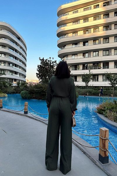 NEW LAVİVA Women's Khaki Long Sleeve, Shirt Collar, Elastic Waist, 4 Pockets, Elastic Ankles, Loose Overalls