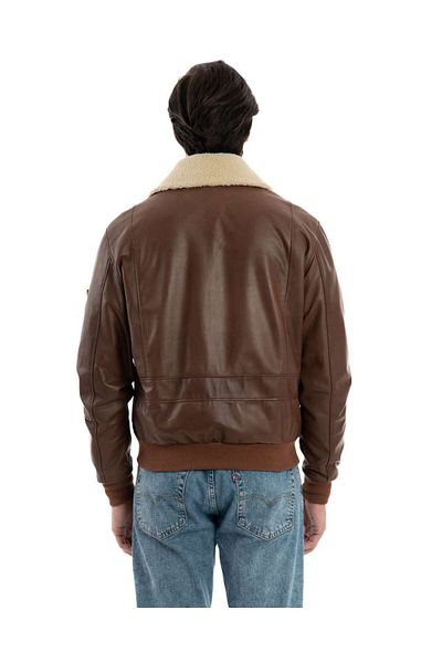 By Marki Marki Leather Pilot Coat - Brown, White Sheepskin Collar, Removal Fur, Zip-Up - 503022
