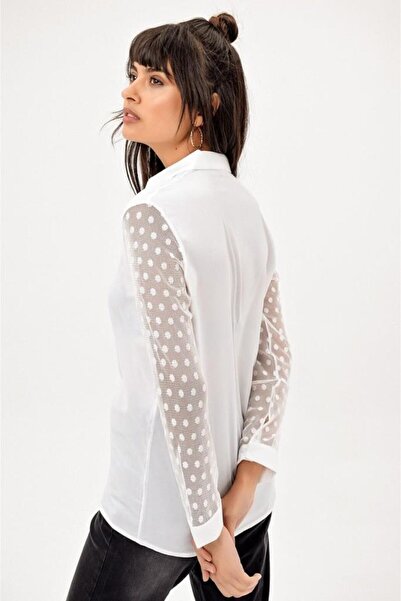 Pasaklı Giyim Γυναικείο λευκό μακρυμάνικο πουκάμισο με τούλι λεπτομέρεια στα ...