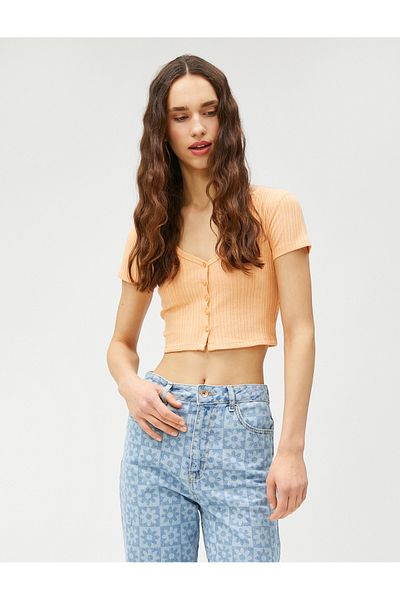 Koton Crop T-Shirt V-Neck Short Sleeve Button-Up