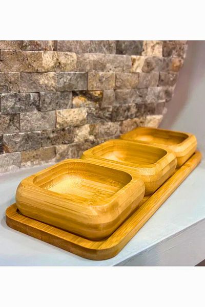 Woodcept 3-Piece Bamboo Snack Bowl with Stand, Breakfast Bowl Set, Bamboo Nuts Set