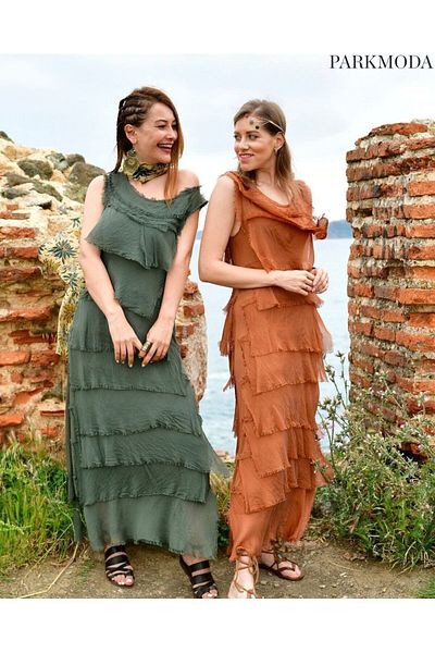 Bohem Stil Тънка, многопластова копринена рокля с канела и италиански цвят, размер 2