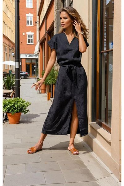 Pasaklı Giyim Rochie lungă de zi cu zi pentru femei, cu centură de in negru, cu mâneci scurte, tăiată casual, cu fante 3221300