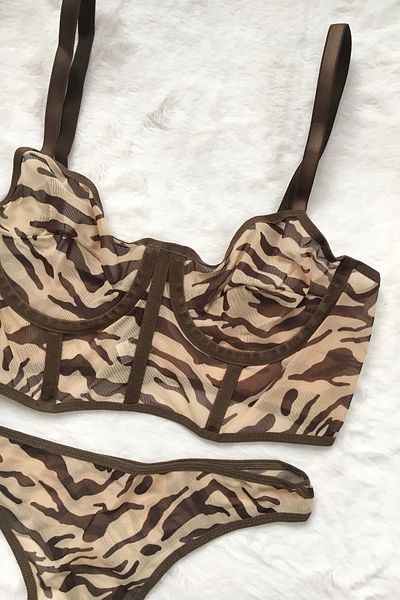 MODA Εσώρουχα G&H - Σετ μπουστάκι με λεπτομέρεια από τούλι με μοτίβο καφέ ζέβρας 2 τεμαχίων