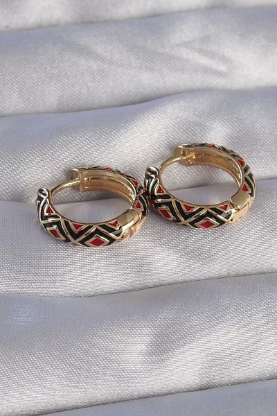 Clariss Brass Gold Color Black Ethnic Patterned Hoop Earrings