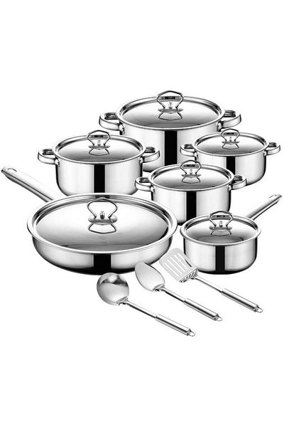 COOYA 15pcs Stainless Steel Pots Pans Set,Heat-Resistant Handles,with Glass Lids, Suit for all Stovetops