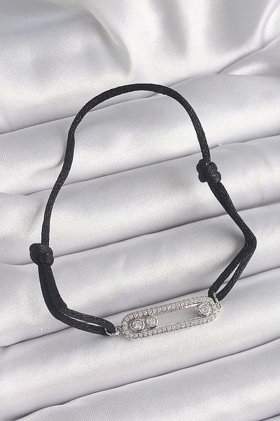 Clariss Black Color Drawstring Elevator Zircon Stone Silver Messika Model Women's Bracelet